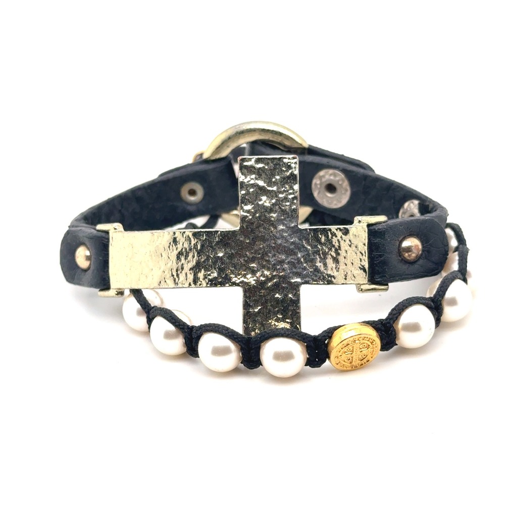 My Saint My Hero Bracelet Set Black Leather Cross Pearl Benedictine Medal Gold